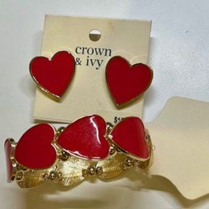 Crown & Ivy Earrings and Bracelet- Red Heart- NWT